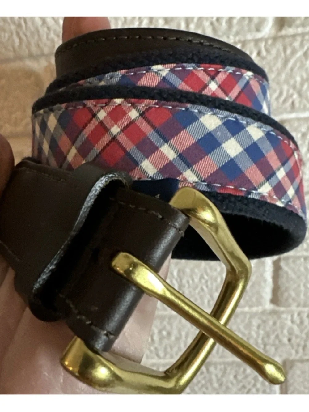 Vineyard Vines Belt Mens 36 Plaid Leather Trim